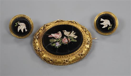 A pair of Victorian yellow metal mounted micro mosaic ear clips (converted) and a similar brooch(a.f.).